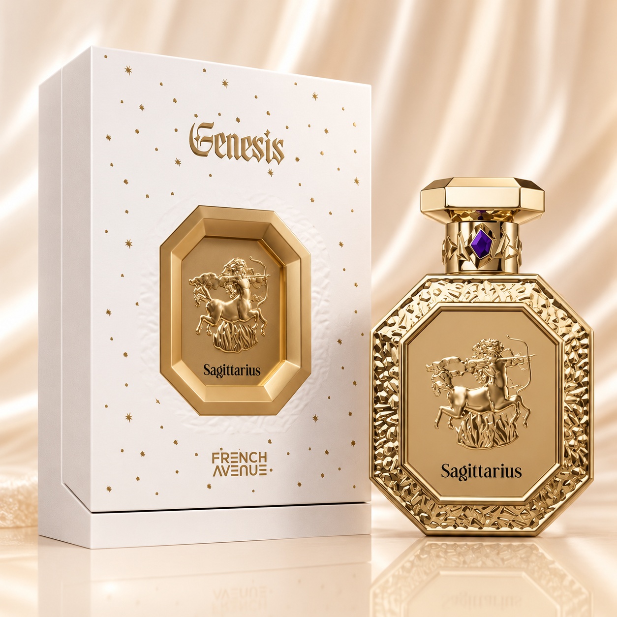 Parfum Arăbesc Genesis Sagittarius French Avenue 90 ml cu sticlă aurie elegantă și cutie albă premium
