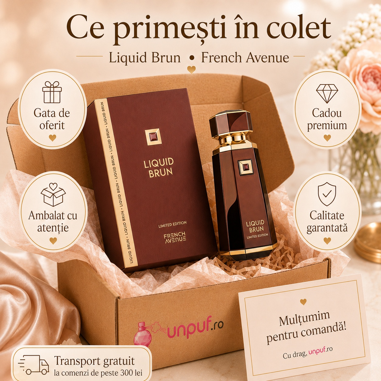 Ce primești în colet Liquid Brun French Avenue 150 ml, parfum Arăbesc unisex, ambalaj original, gata de oferit cadou
