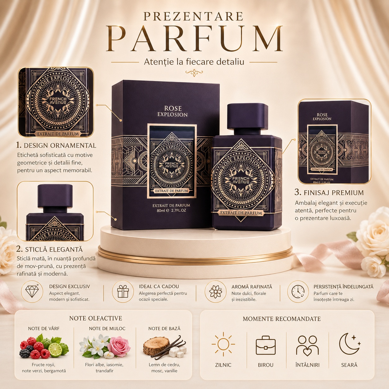 Prezentare parfum Rose Explosion French Avenue cu design ornamental și ambalaj premium
