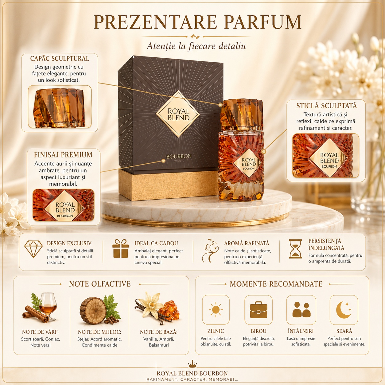 Prezentare parfum Royal Blend Bourbon capac sculptural sticlă sculptată finisaj premium aromă rafinată persistență &icirc;ndelungată