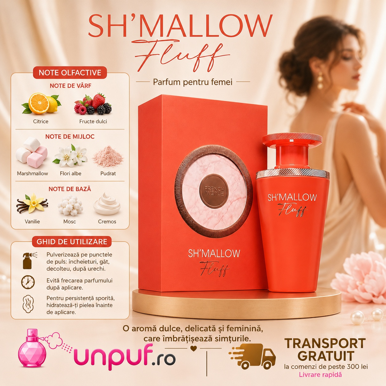 Note olfactive parfum Shmallow Fluff citrice fructe dulci marshmallow flori albe pudrat vanilie mosc cremos