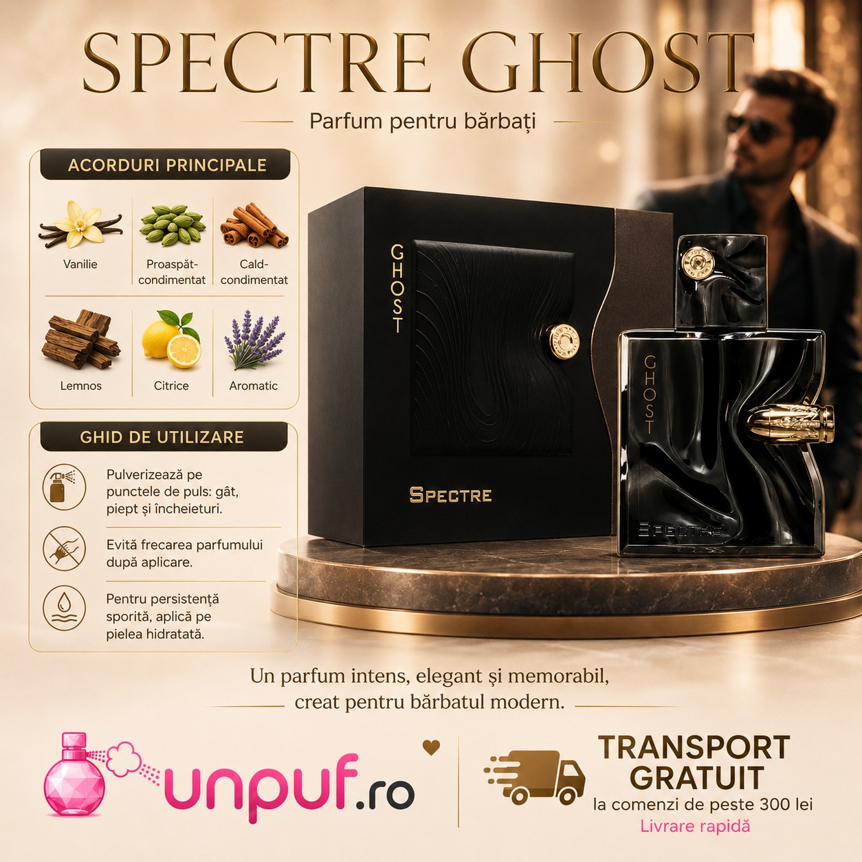 Spectre Ghost French Avenue parfum pentru bărbați cu acorduri principale vanilie condimente citrice lemn și aromatice