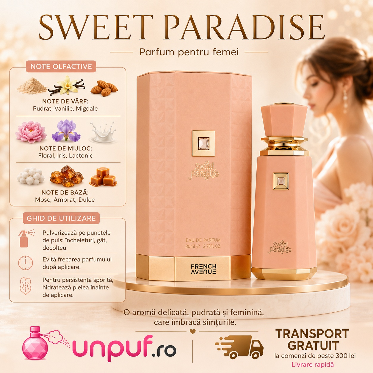 Note olfactive Sweet Paradise pudrat vanilie migdale floral iris lactonic mosc ambrat dulce