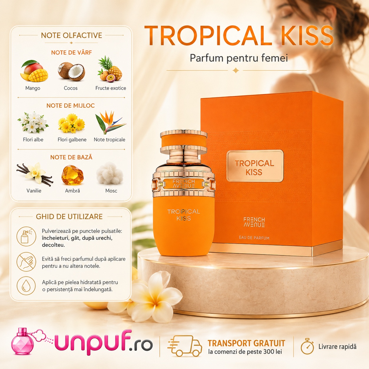 Note olfactive Tropical Kiss mango cocos fructe exotice flori albe flori galbene vanilie ambră mosc