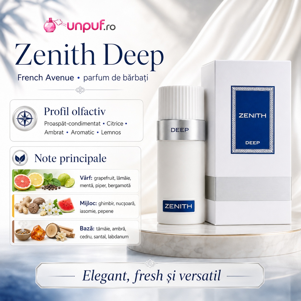 Note olfactive Zenith Deep grapefruit lăm&acirc;ie mentă piper bergamotă ghimbir nucșoară iasomie pepene tăm&acirc;ie ambră cedru santal labdanum