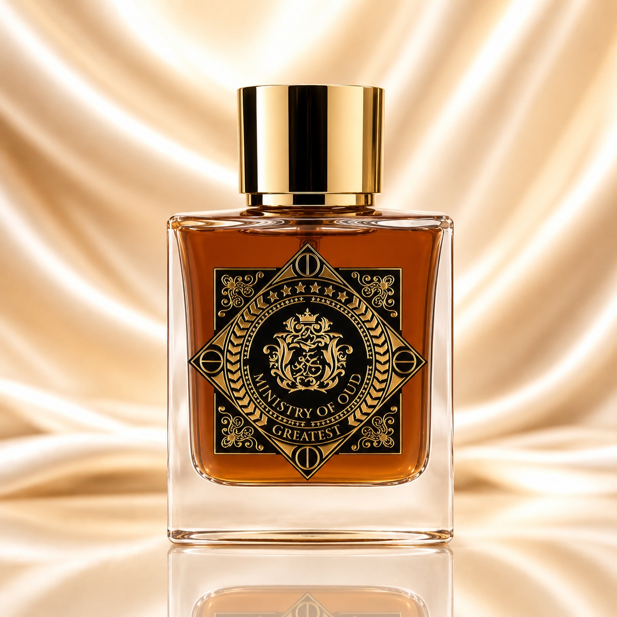 Sticlă parfum Greatest Ministry Of Oud, flacon premium cu lichid ambrat, capac auriu și etichetă negru-auriu