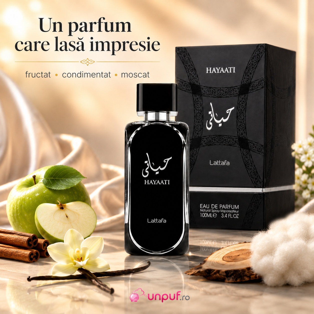 Hayaati Silver Lattafa parfum bărbătesc fructat condimentat moscat cu măr, scorțișoară, vanilie, mosc și note lemnoase