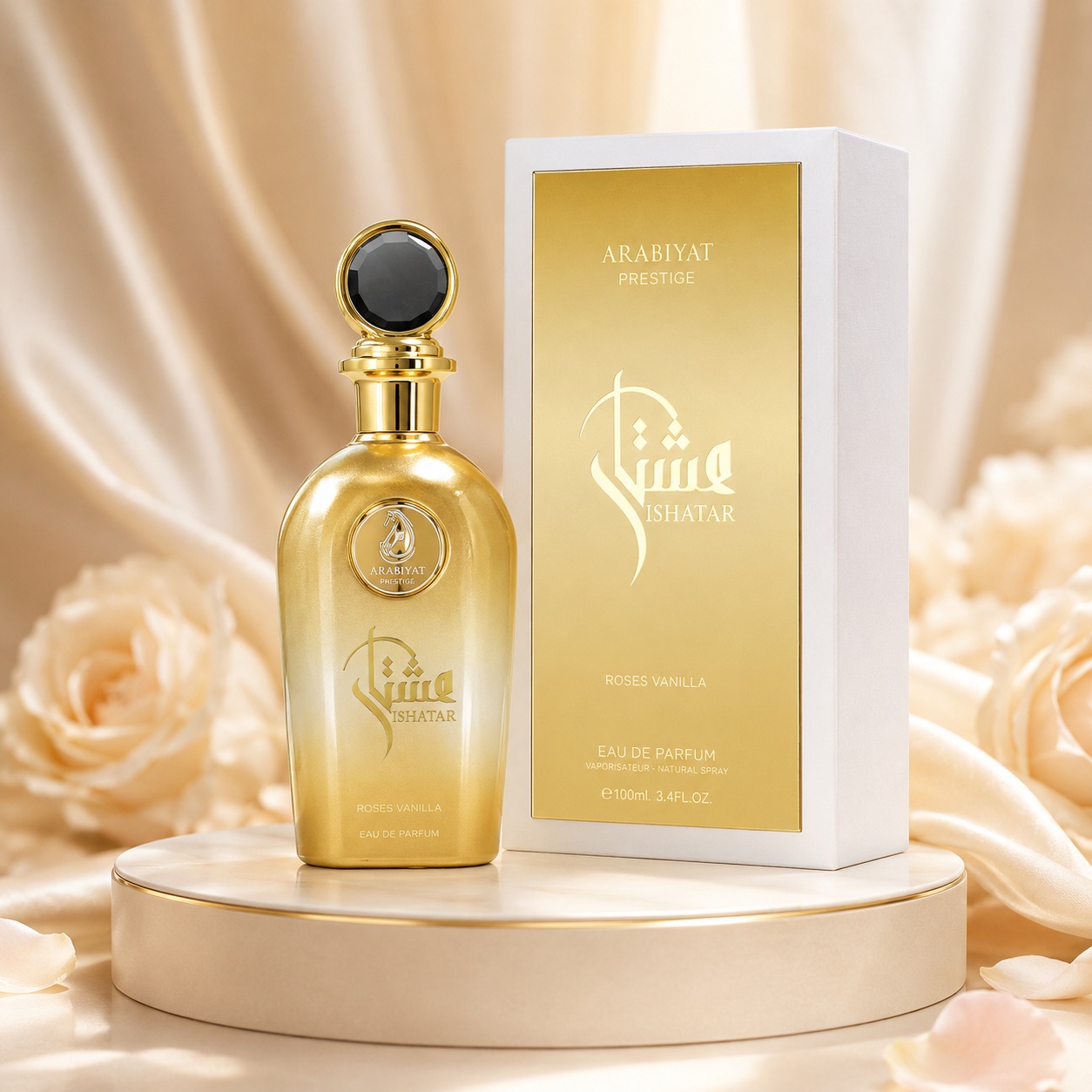 Parfum Arăbesc Ishatar Amber Vanilla Eau de Parfum 110ml unisex, sticlă aurie și cutie elegantă Arabiyat Prestige