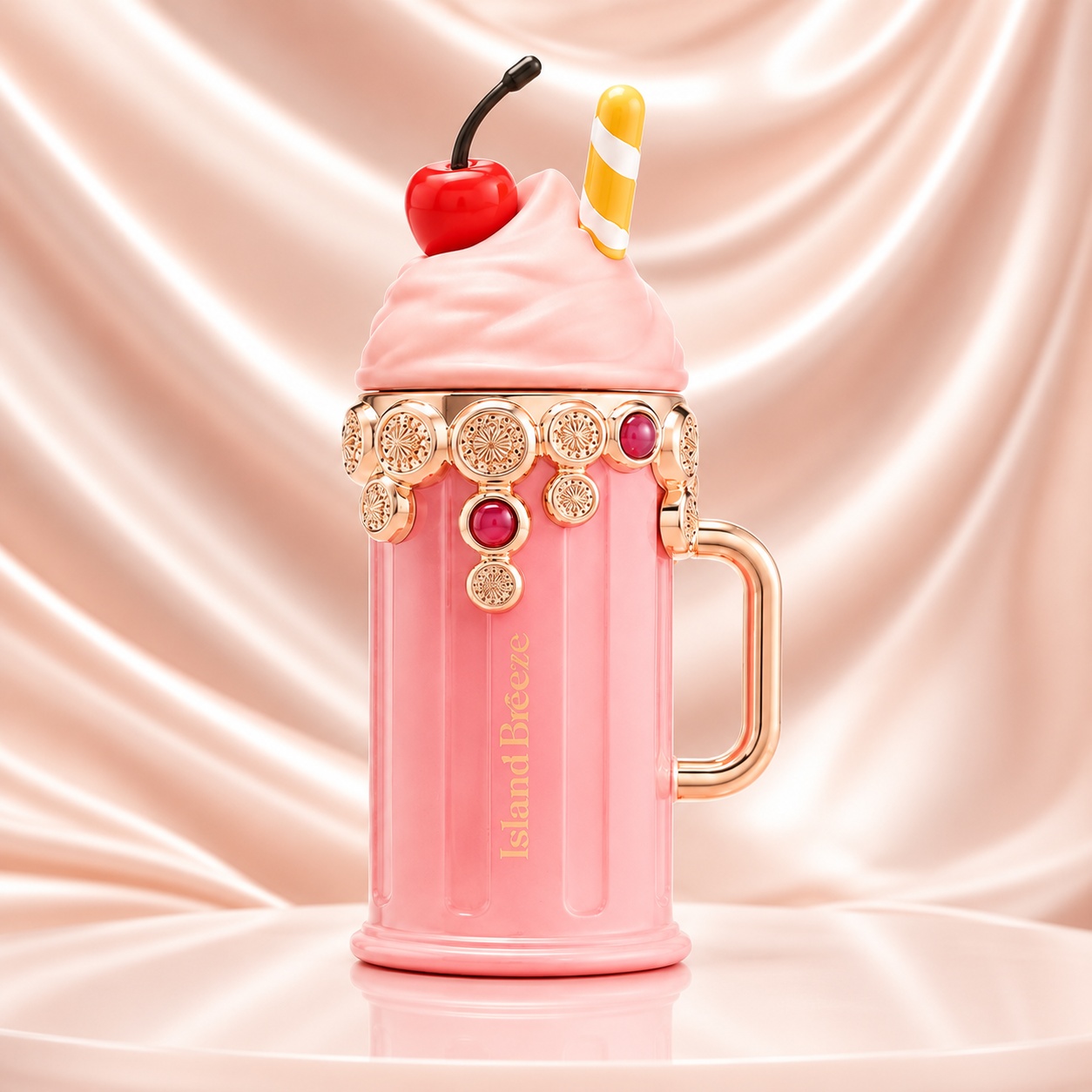 Flacon Island Breeze Armaf 100 ml roz lucios cu capac cremă, cireașă decorativă, ornament galben alb și detalii rose gold cu pietre roz