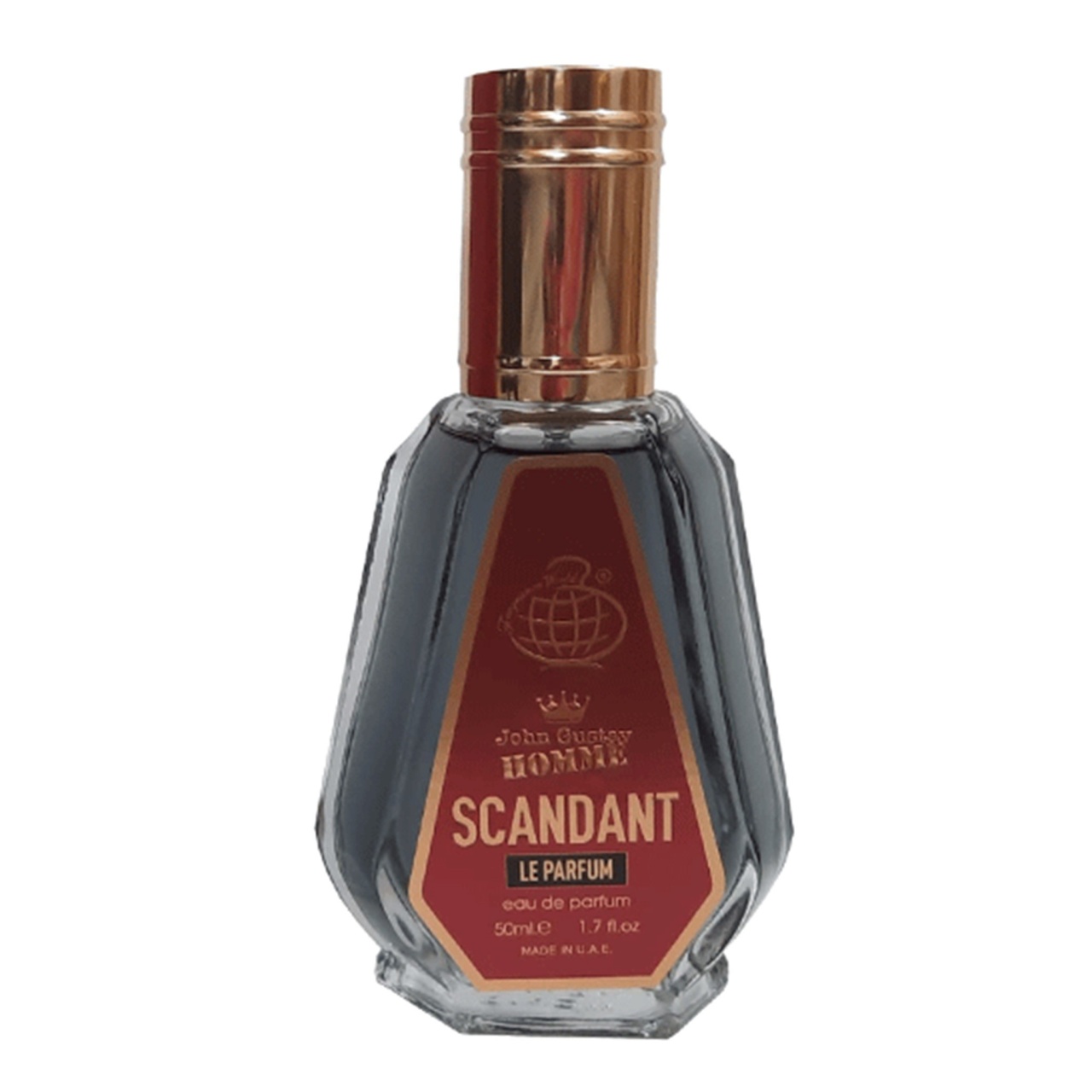 Parfum John Gustav Homme Scandant Le Parfum 50 ml imagine produs pe fundal alb cu flacon fumuriu și etichetă roșie