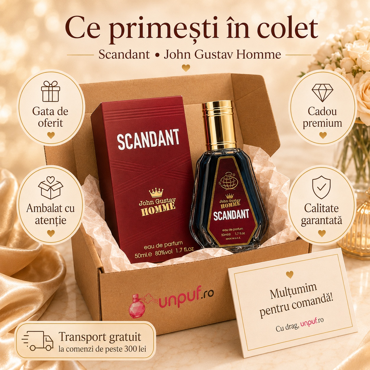 Ce primești în colet John Gustav Homme Scandant Le Parfum 50 ml ambalat cu atenție și pregătit pentru cadou
