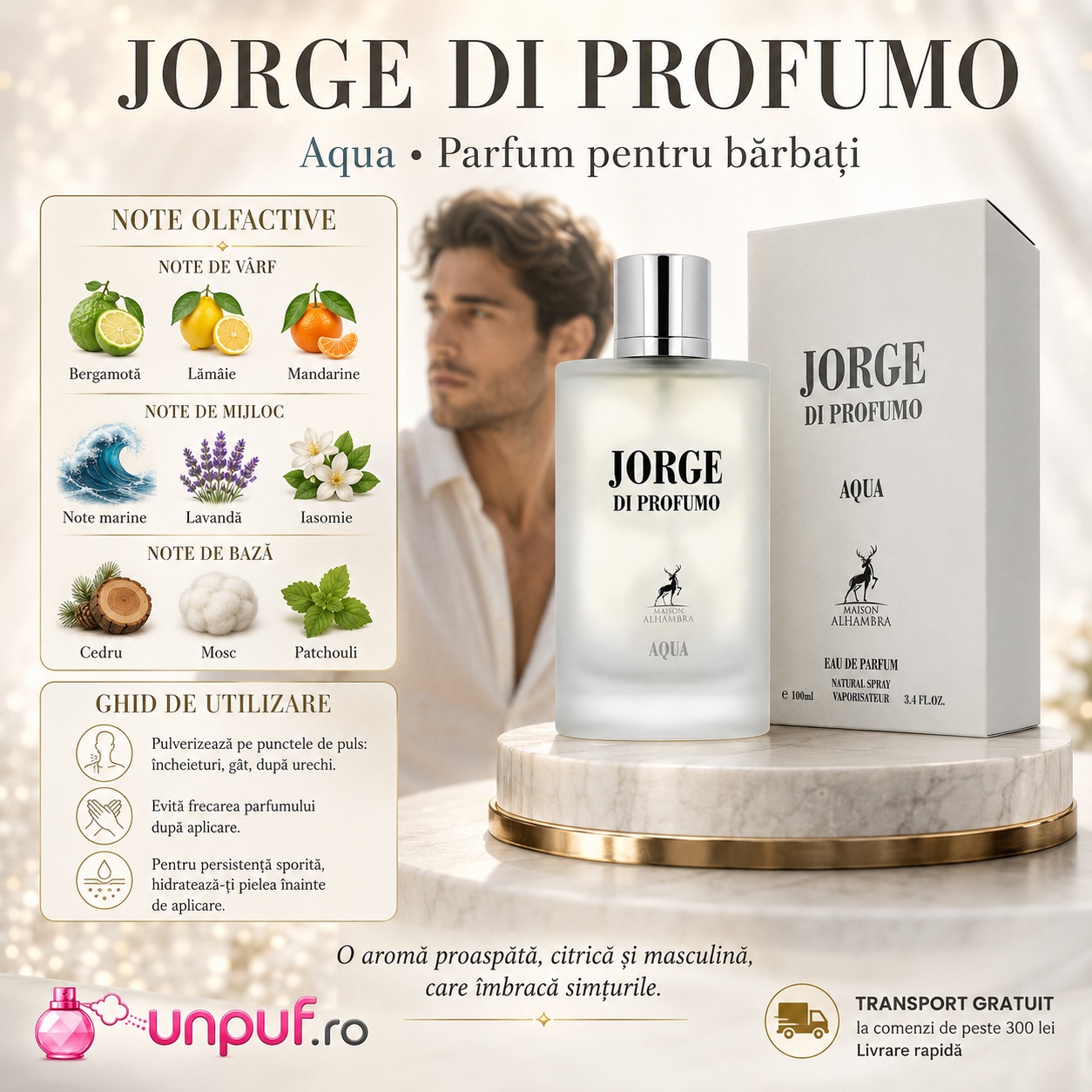 Note olfactive Jorge Di Profumo Aqua bergamotă lăm&acirc;ie mandarină note marine lavandă iasomie cedru mosc patchouli