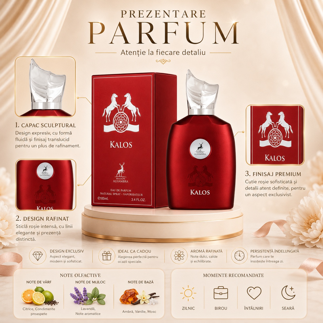 Prezentare parfum Kalos Maison Alhambra detalii capac sculptural sticlă roșie finisaj premium note citrice lavandă ambră vanilie mosc