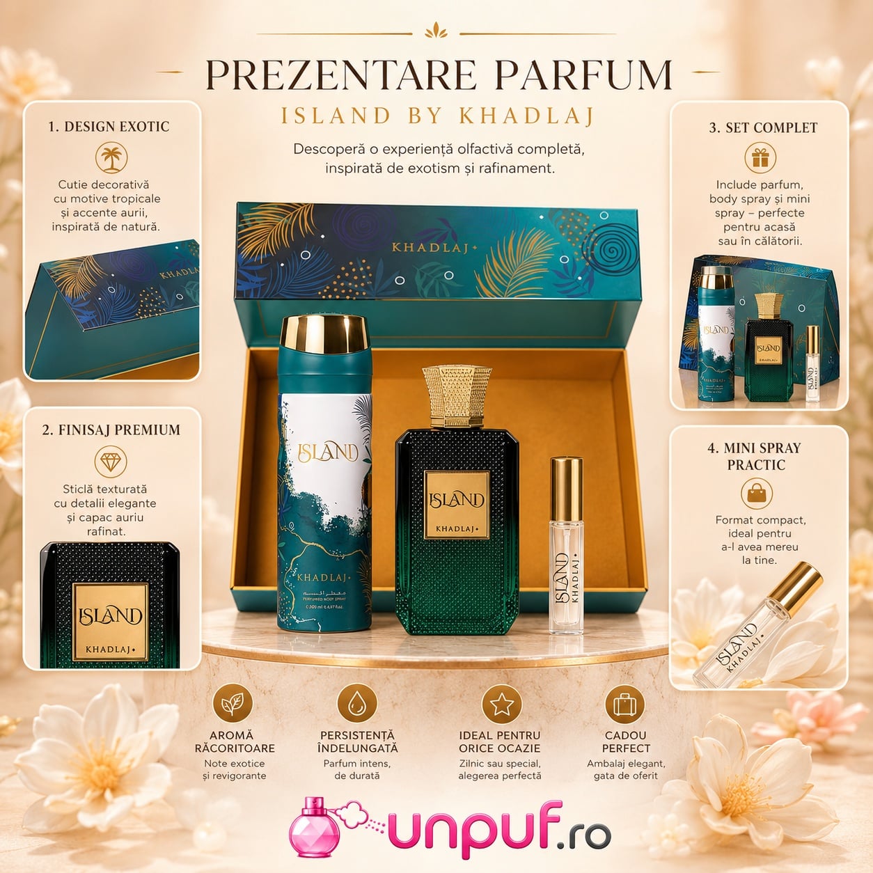 Prezentare Khadlaj Island Set cu parfum, body spray și mini spray, design exotic și premium