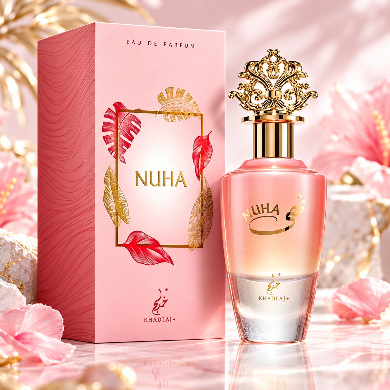 Khadlaj Nuha Eau de Parfum 85 ml parfum de damă cu flacon roz și cutie premium