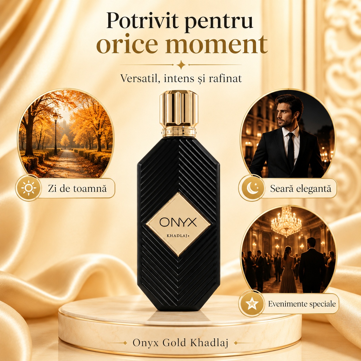 Khadlaj Onyx Gold potrivit pentru zi de toamnă, seară elegantă și evenimente speciale