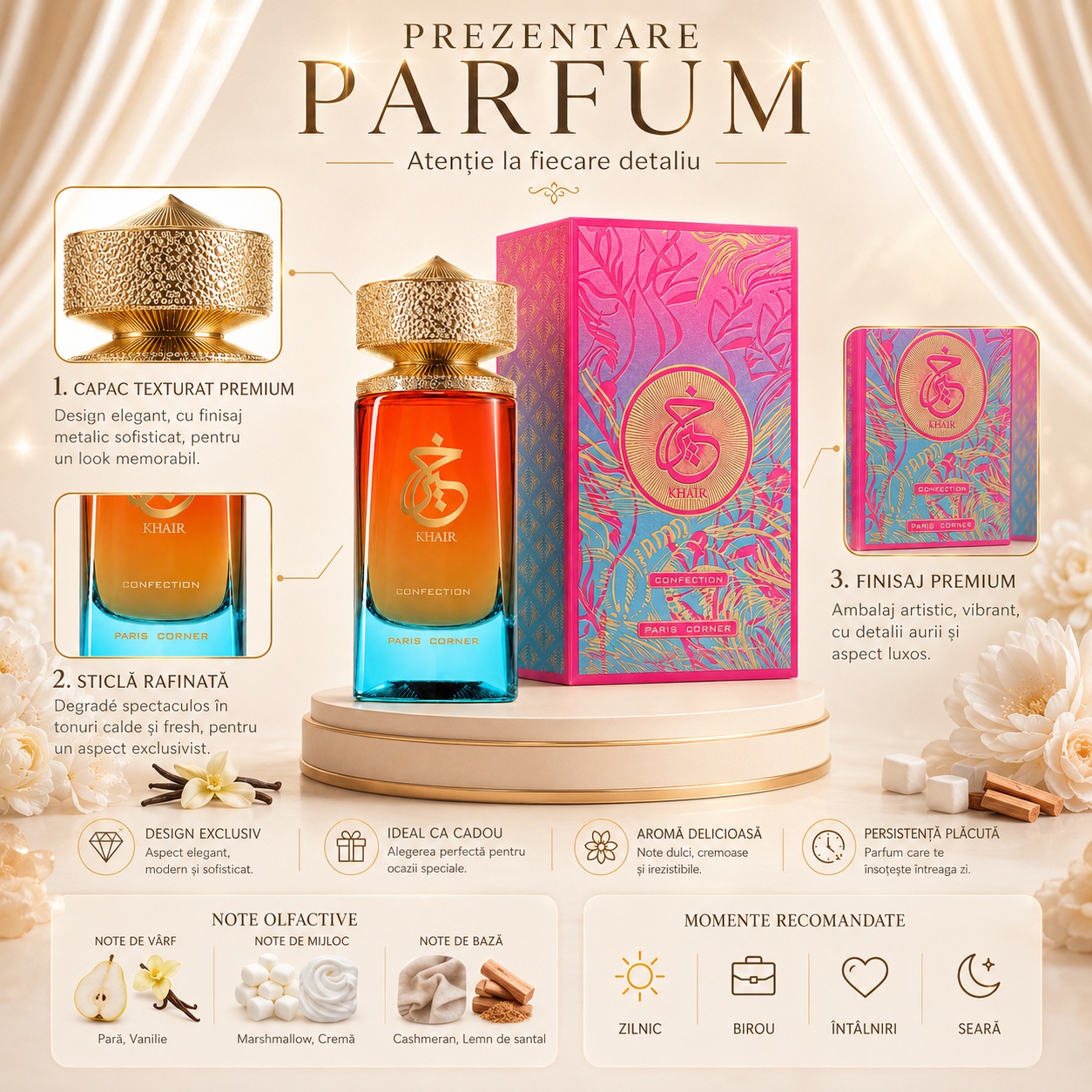 Prezentare Khair Confection cu capac texturat premium, sticlă rafinată, finisaj premium, aromă delicioasă, note de pară, vanilie, marshmallow, cremă, cașmeran și lemn de santal