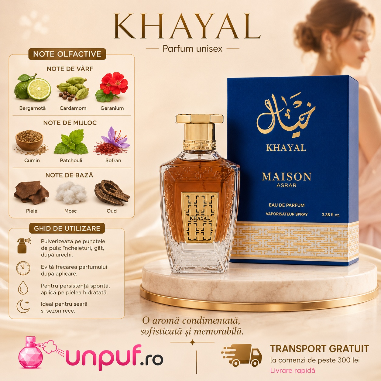 Note olfactive Khayal Maison Asrar cu bergamotă cardamom mușcată chimion paciuli șofran piele mosc și oud