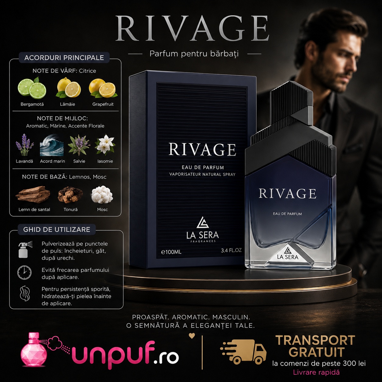Parfum La Sera Rivage pentru bărbați cu acorduri fresh, aromatice, lemnoase și moscat elegante