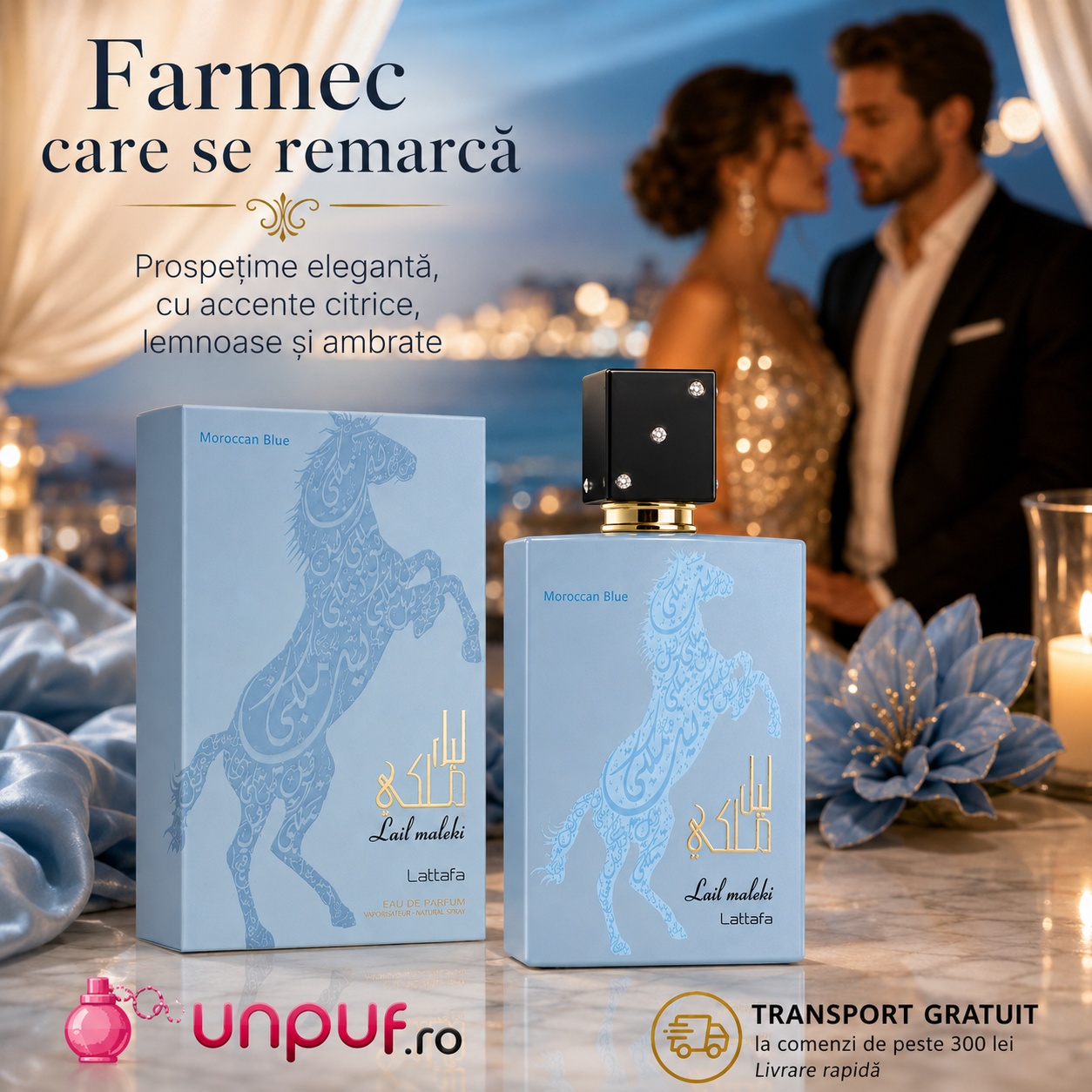 Lail Maleki Moroccan Blue Lattafa parfum bărbătesc cu farmec elegant, accente citrice lemnoase și ambrate