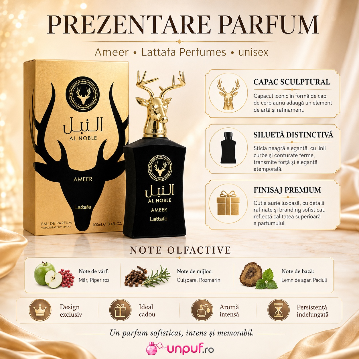 Prezentare parfum Lattafa Al Noble Ameer cu note olfactive măr piper roz rozmarin lemn de agar și paciuli