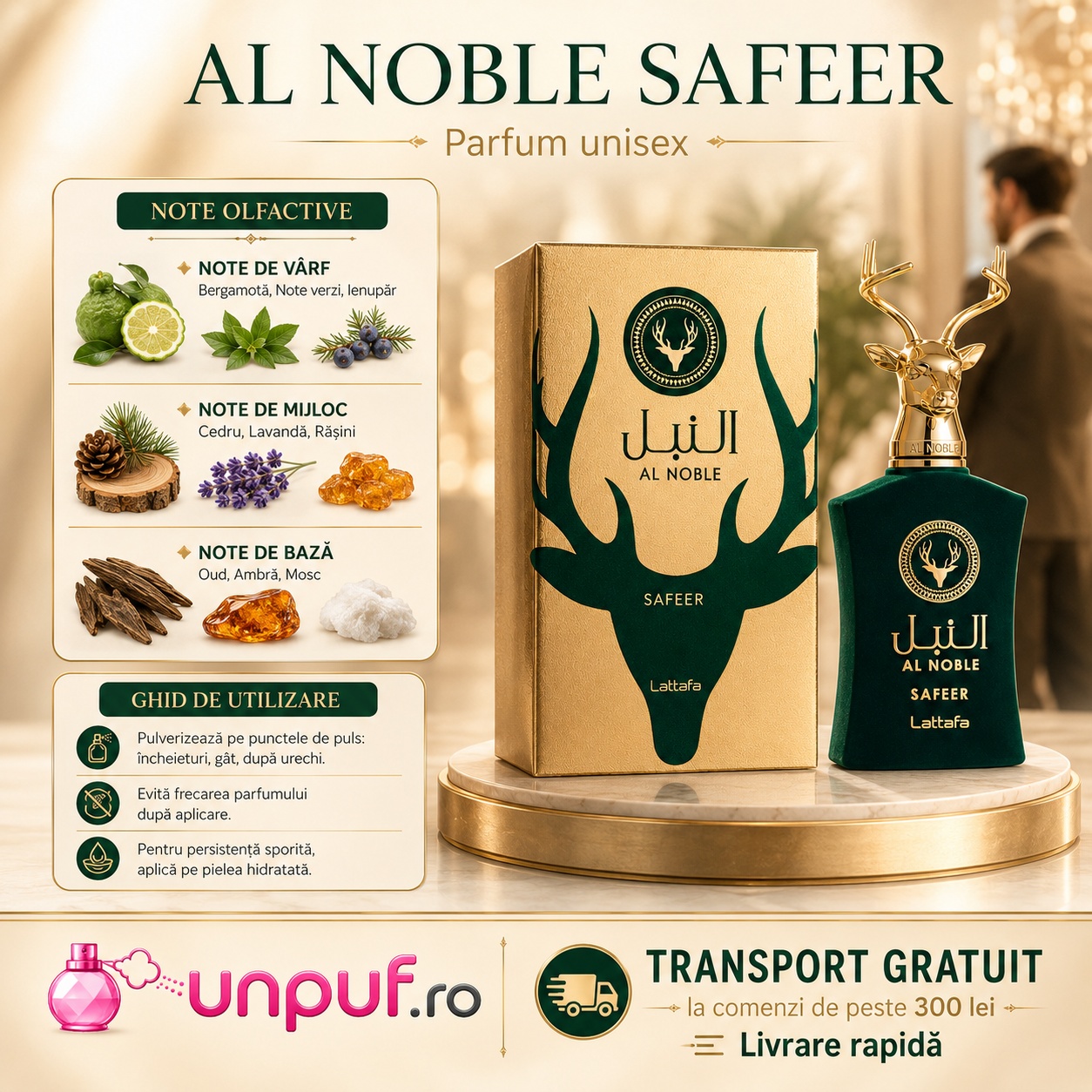 Lattafa Al Noble Safeer parfum unisex cu note olfactive bergamotă note verzi ienupăr cedru lavandă oud ambră și mosc