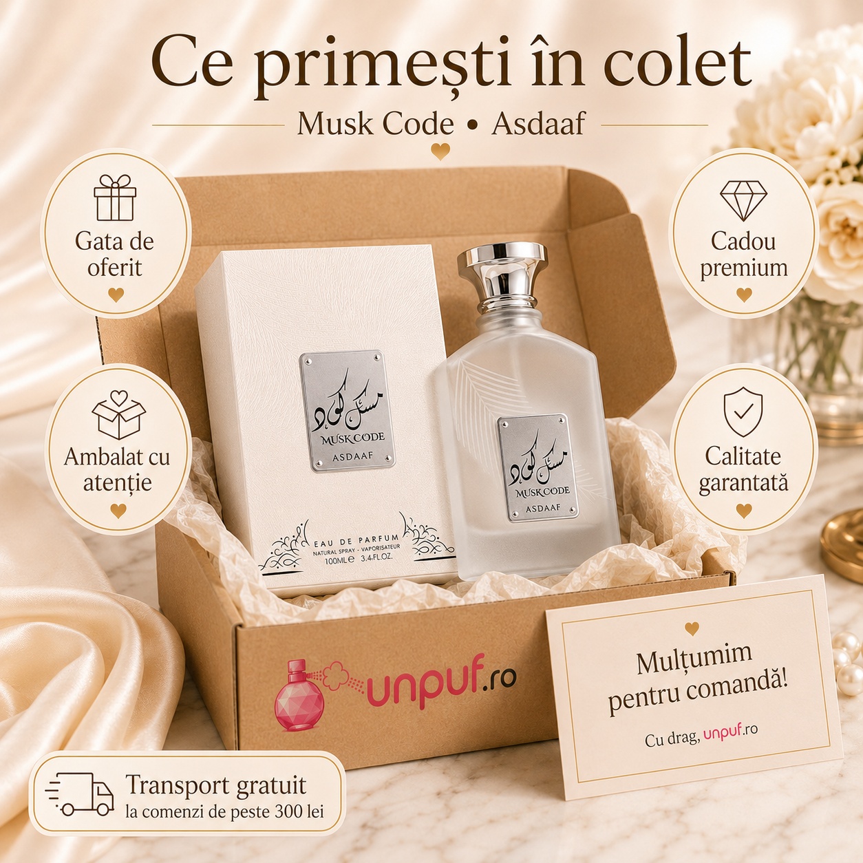 Ce primești în colet la parfumul Lattafa Asdaaf Musk Code, ambalaj premium UnPuf.ro