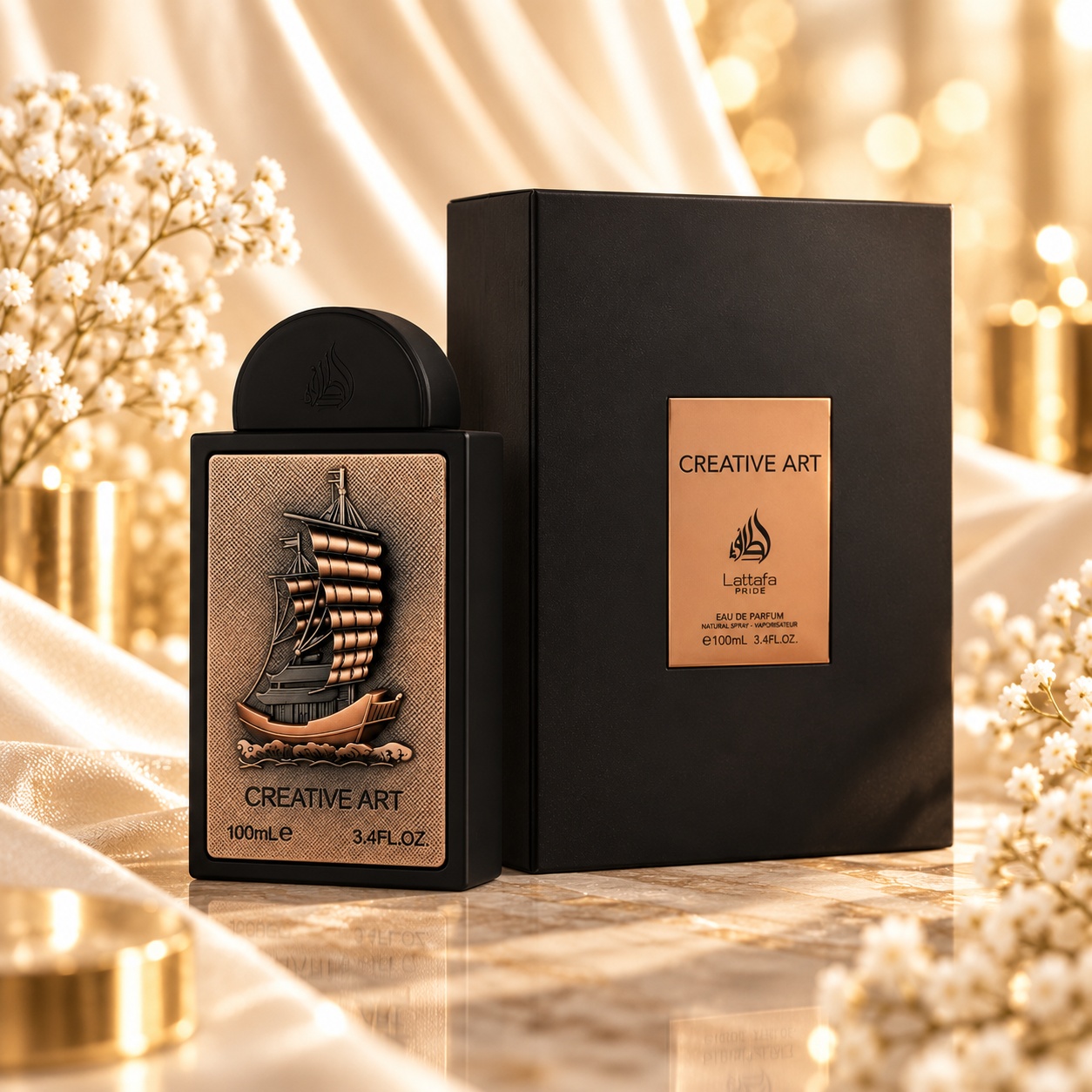 Parfum Lattafa Creative Art 100 ml, flacon negru cu detalii cupru aurii și cutie neagră premium
