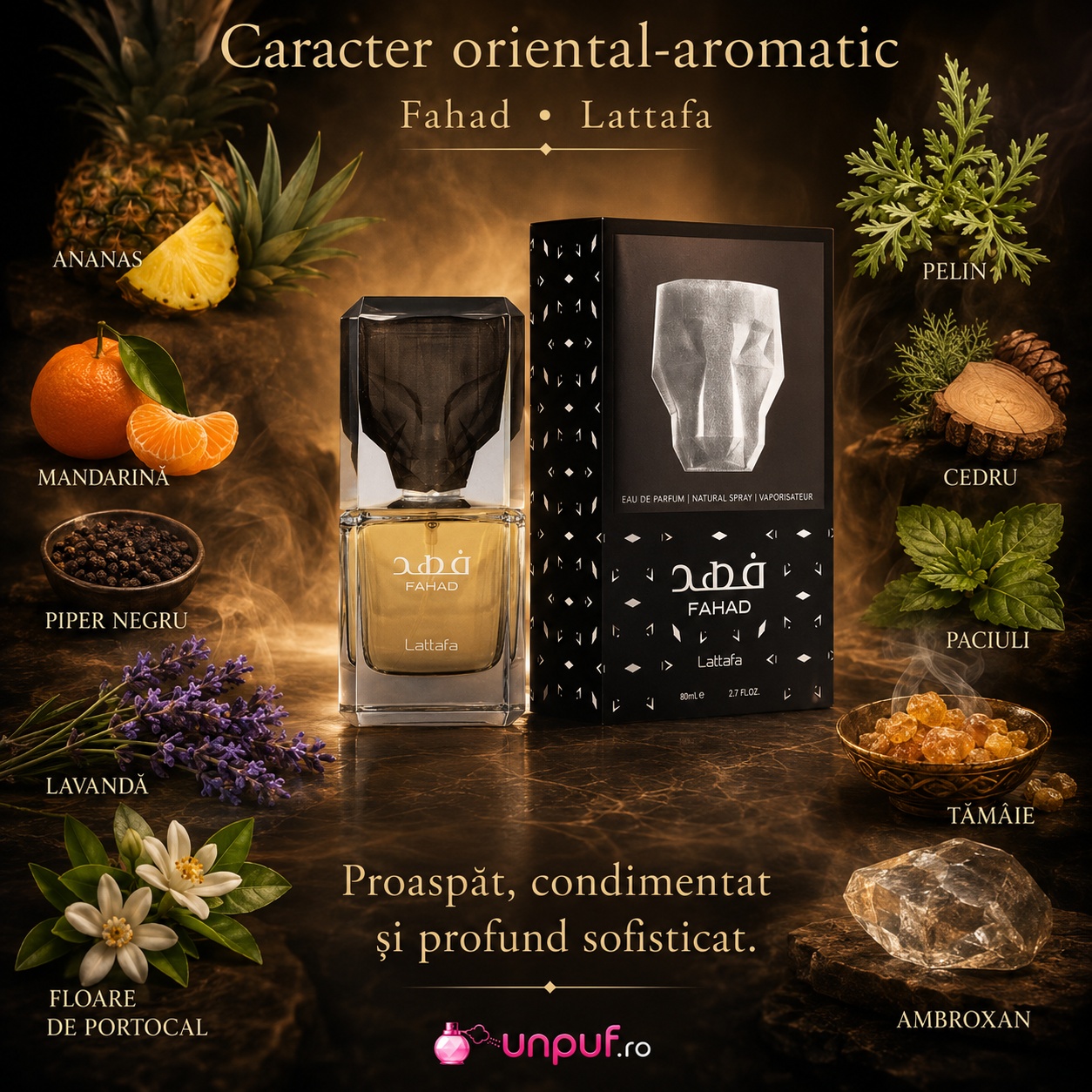 Caracter oriental aromatic Lattafa Fahad cu ananas, mandarină, piper negru, lavandă, cedru, paciuli, tămâie și ambroxan