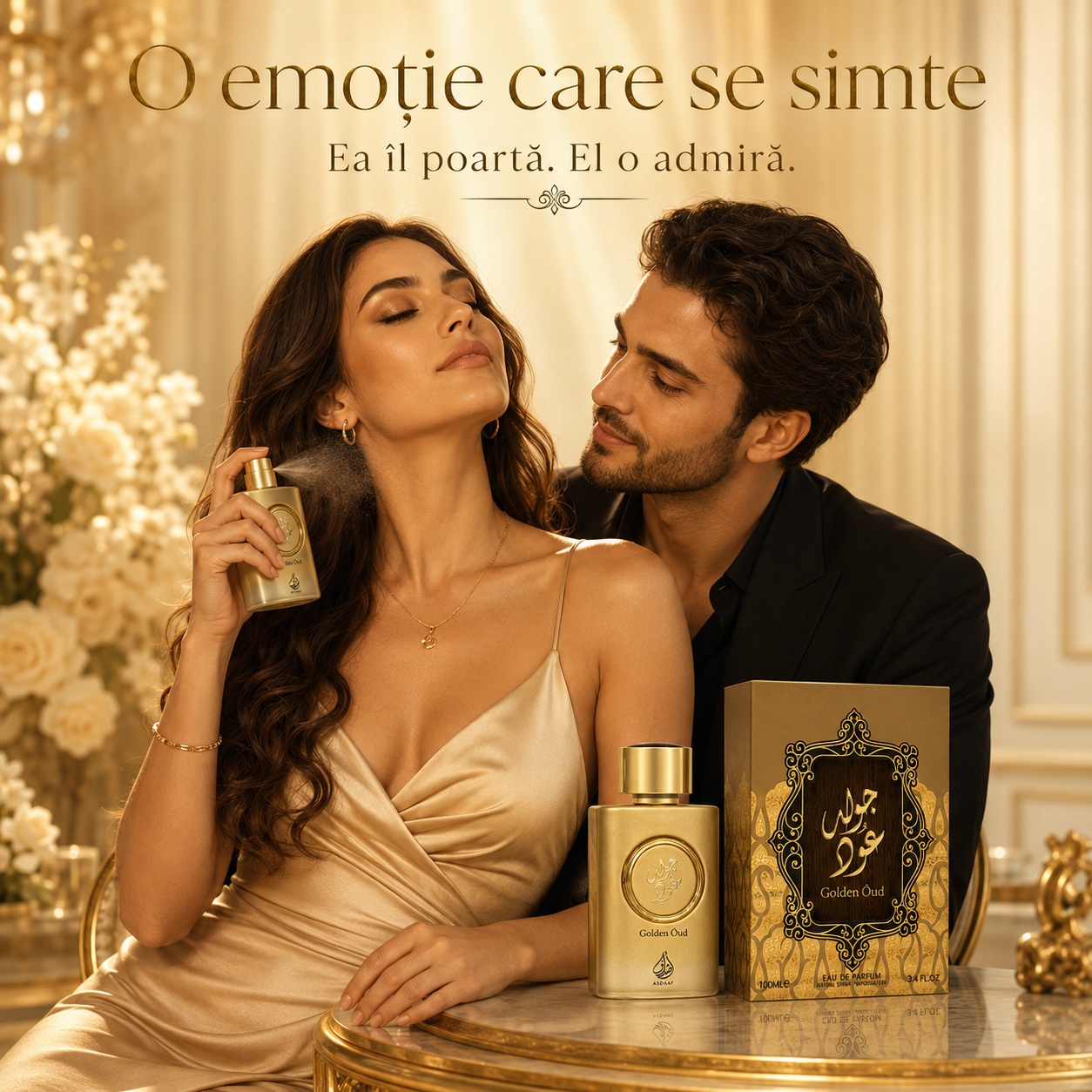 Lattafa Golden Oud parfum unisex elegant romantic și oriental purtat la &icirc;nt&acirc;lniri și ocazii speciale