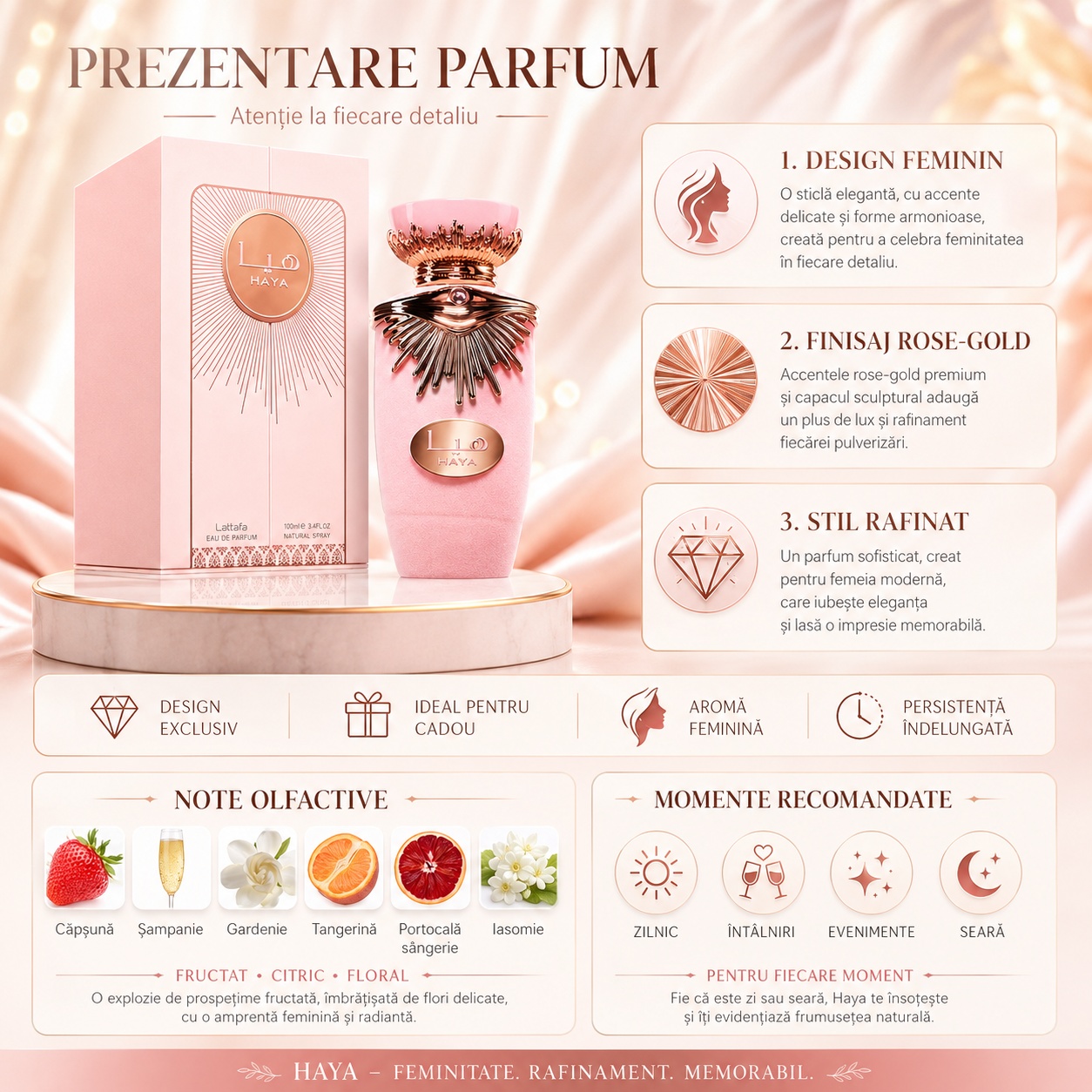 Prezentare Lattafa Haya parfum de damă cu note de căpșună șampanie gardenie tangerină portocală s&acirc;ngerie și iasomie