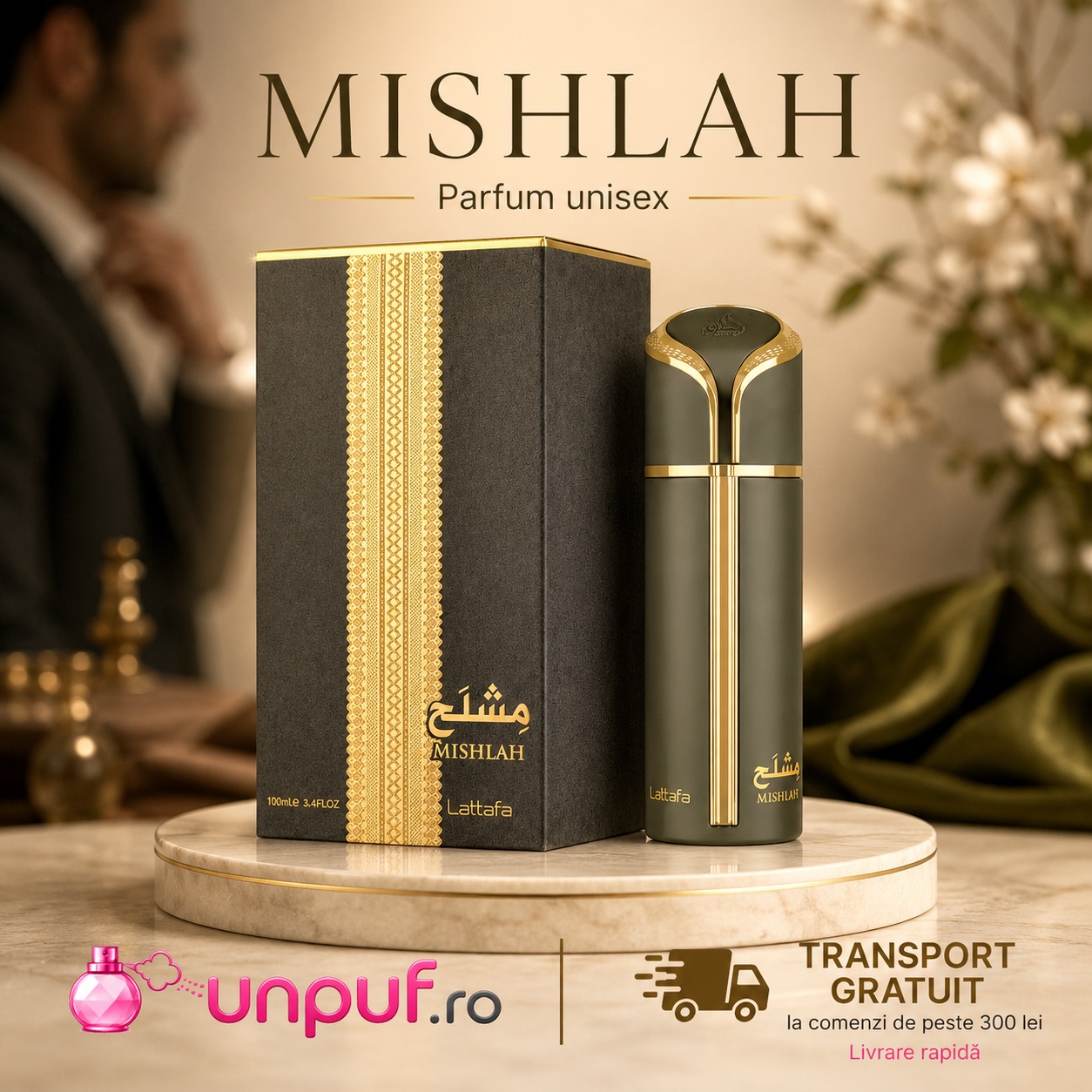 Mishlah Lattafa parfum unisex 100 ml cu flacon verde auriu cutie premium și transport gratuit la comenzi eligibile