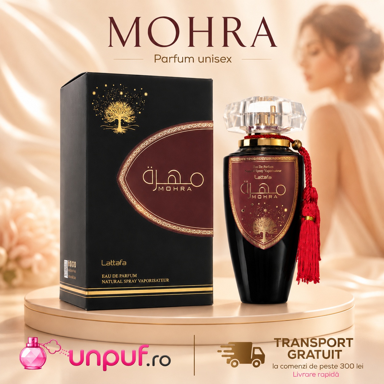 Lattafa Mohra parfum unisex cu prezentare premium, flacon original și transport gratuit la comenzi eligibile