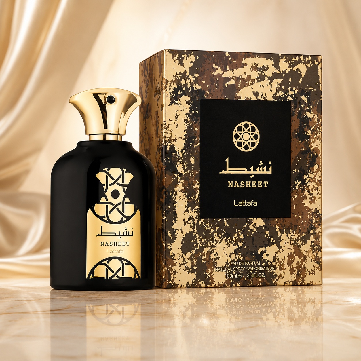 Parfum Arăbesc Lattafa Nasheet 100 ml unisex cu flacon negru elegant și cutie premium negru auriu