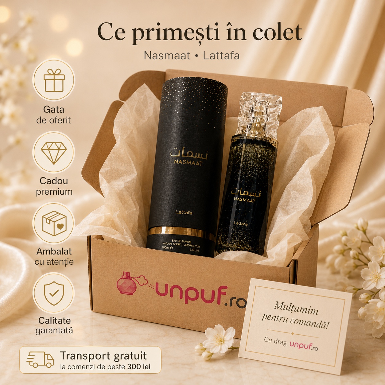 Ce primești în colet Lattafa Nasmaat 100 ml parfum arăbesc unisex ambalat cu atenție gata de oferit cadou