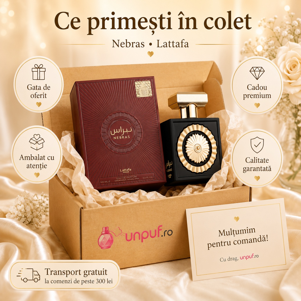 Ce primești &icirc;n colet Lattafa Nebras 100 ml parfum arăbesc unisex ambalat cu atenție și gata de oferit cadou