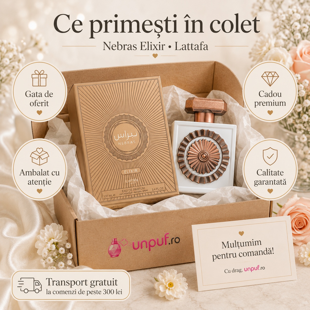 Ce primești &icirc;n colet Lattafa Nebras Elixir 100 ml parfum arăbesc de damă ambalat cu atenție gata de oferit cadou