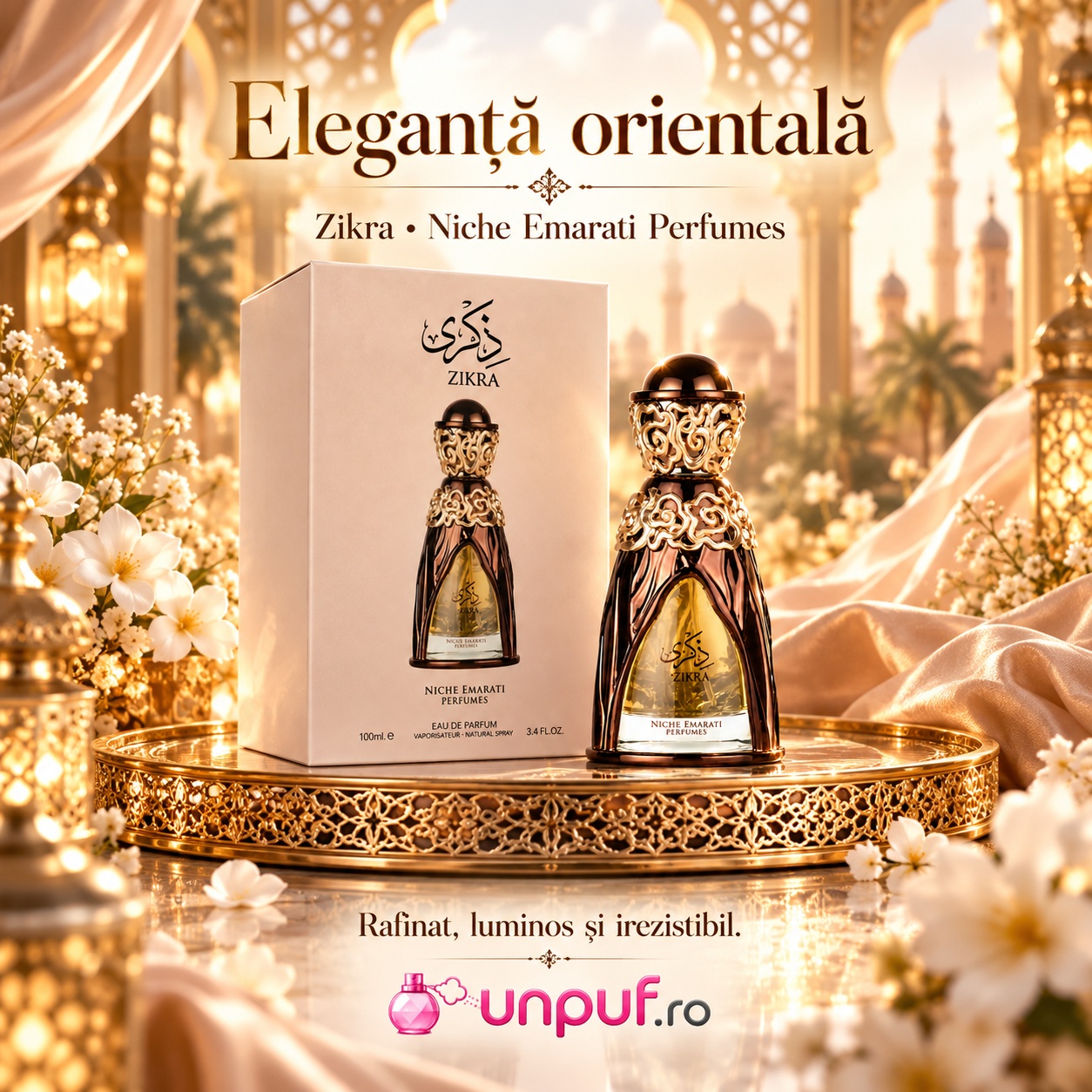 Lattafa Niche Emarati Zikra eleganță orientală cu flacon premium și design sofisticat