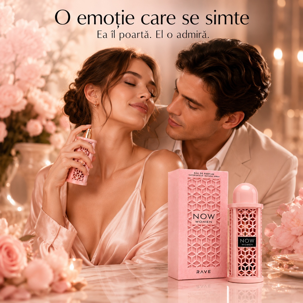 Lattafa Now Women parfum feminin dulce pudrat și romantic purtat la &icirc;nt&acirc;lniri și ocazii speciale