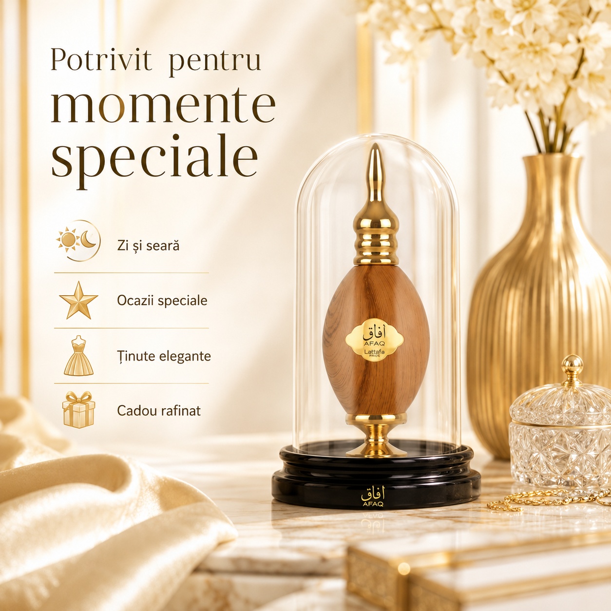 Parfum Lattafa Pride Afaq potrivit pentru zi și seară, ocazii speciale, ținute elegante și cadou rafinat