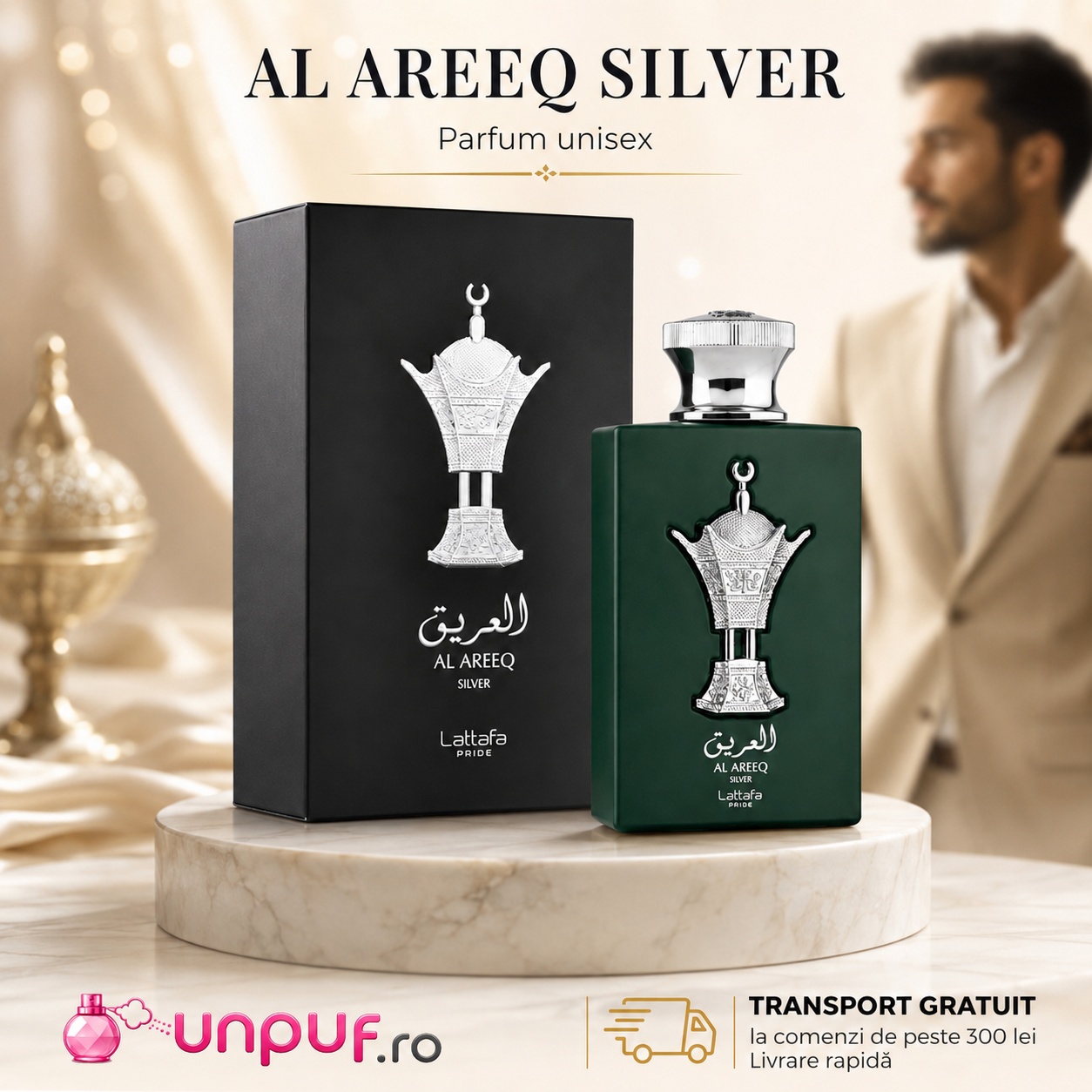 Lattafa Pride Al Areeq Silver parfum unisex 100 ml cu flacon verde și cutie neagră premium