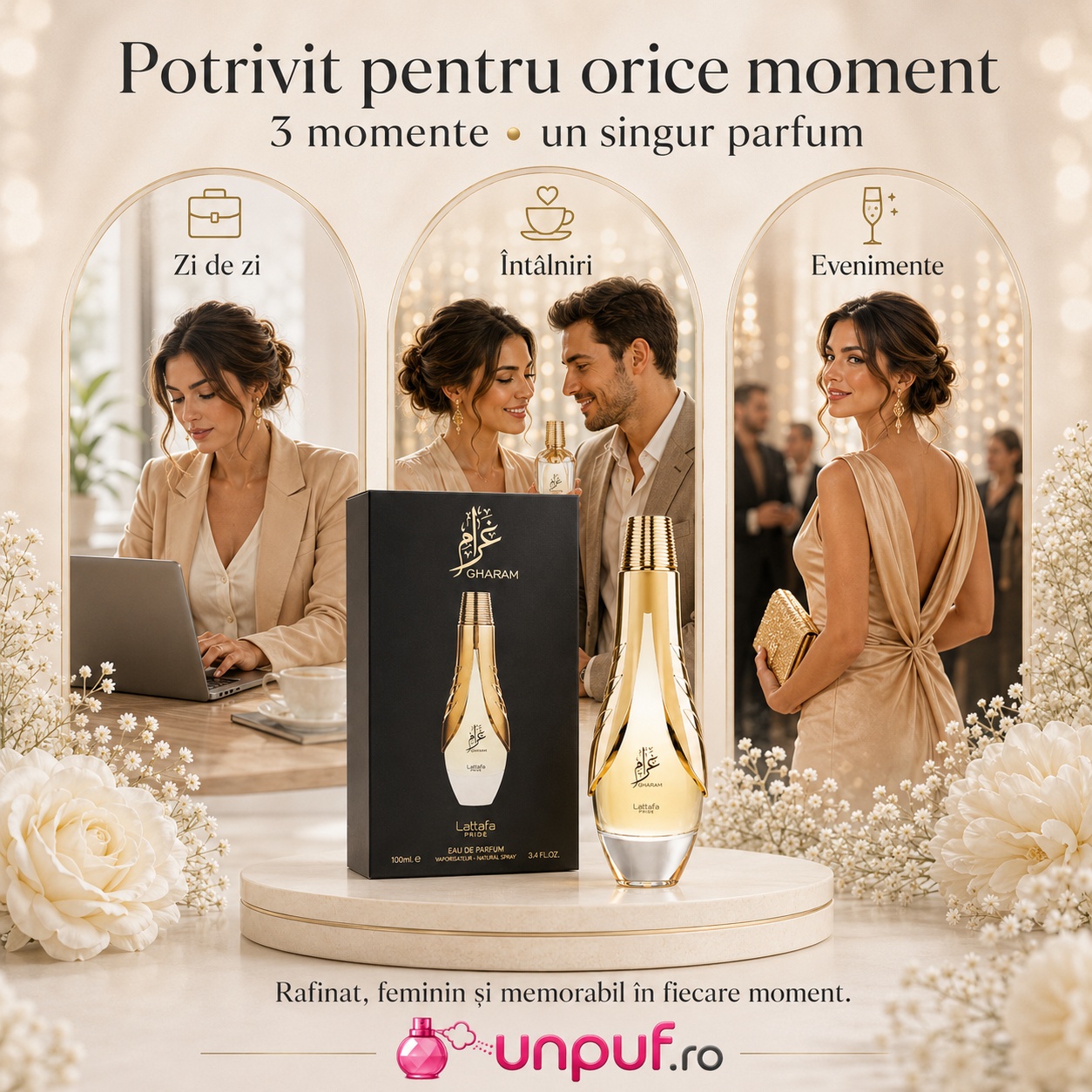 Lattafa Pride Gharam parfum potrivit pentru zi de zi, &icirc;nt&acirc;lniri și evenimente, rafinat feminin și memorabil