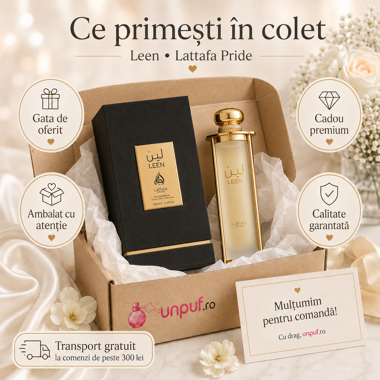 Ce primești în colet Lattafa Pride Leen 100 ml parfum arăbesc unisex ambalat cu atenție și gata de oferit cadou