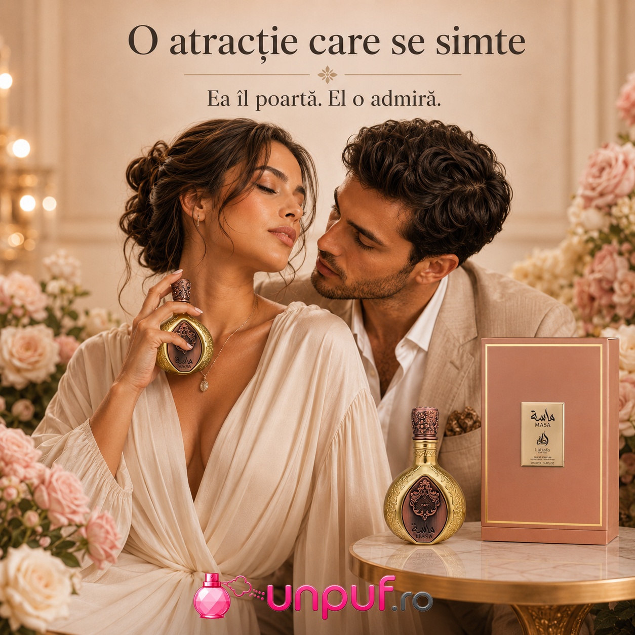 Lattafa Pride Masa parfum unisex romantic cu aromă elegantă, ea îl poartă, el o admiră
