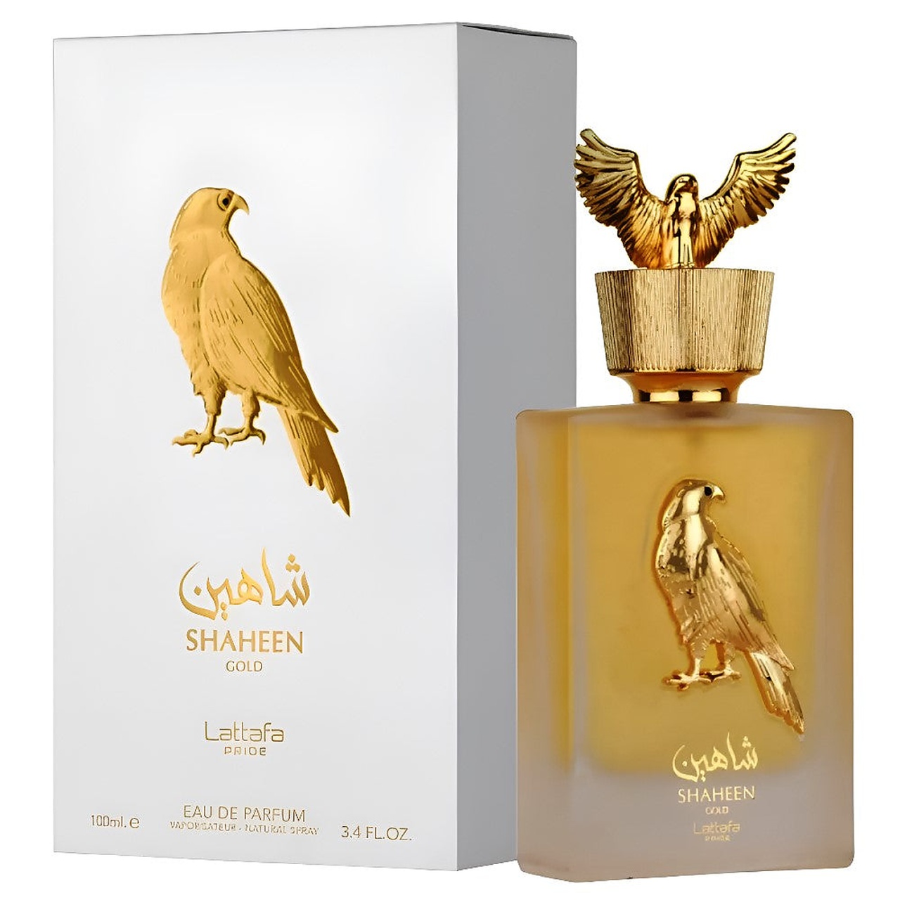 Parfum Lattafa Pride Shaheen Gold 100 ml apă de parfum unisex cu flacon original auriu și cutie albă Lattafa Pride