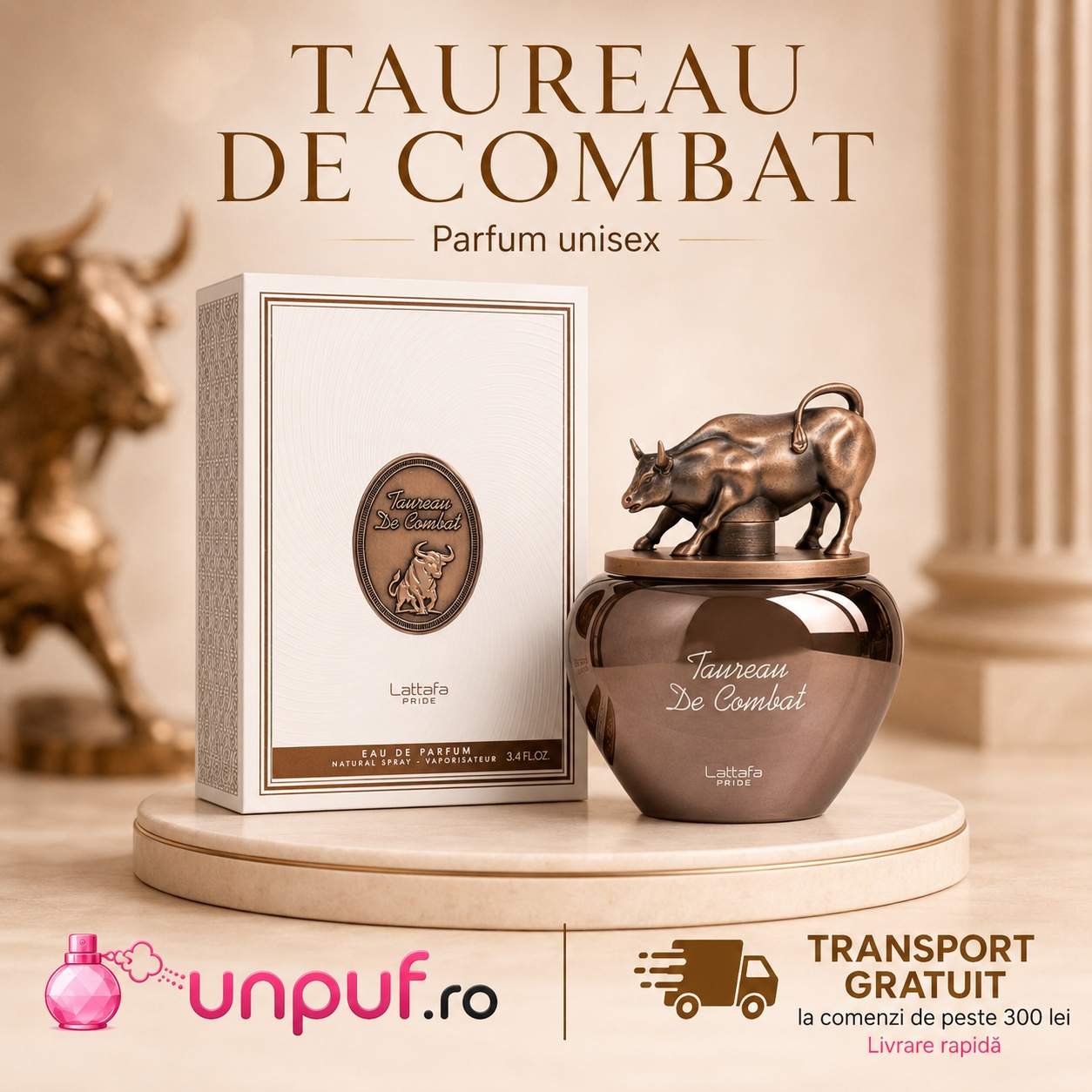 Lattafa Pride Taurean De Combat parfum unisex cu prezentare elegantă, flacon bronz fumuriu și transport gratuit la comenzi eligibile