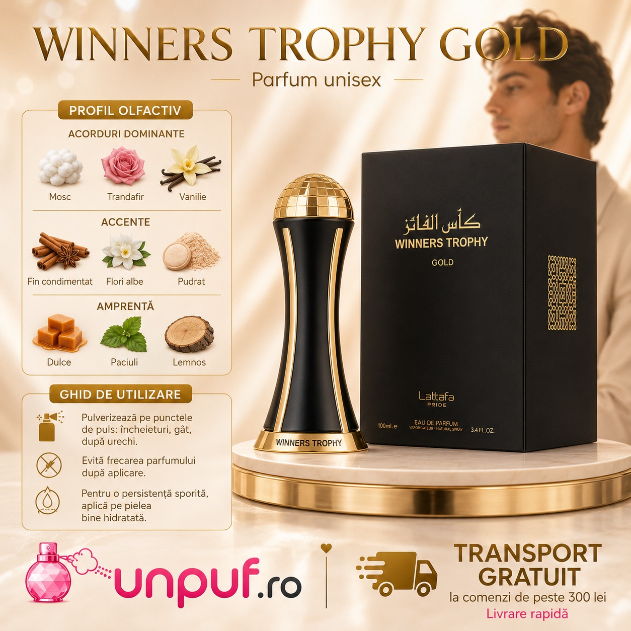 Ghid de utilizare Lattafa Pride Winners Trophy Gold cu acorduri de mosc trandafir vanilie flori albe pudrat paciuli și lemnos