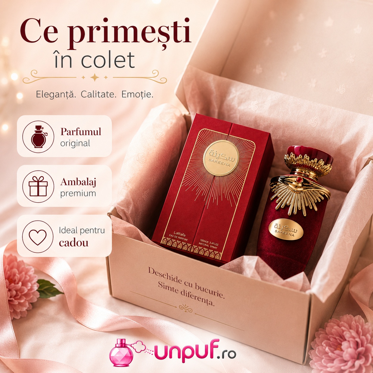 Ce primești &icirc;n colet Lattafa Sakeena 100 ml parfum arăbesc de damă original cu ambalaj premium, ideal pentru cadou