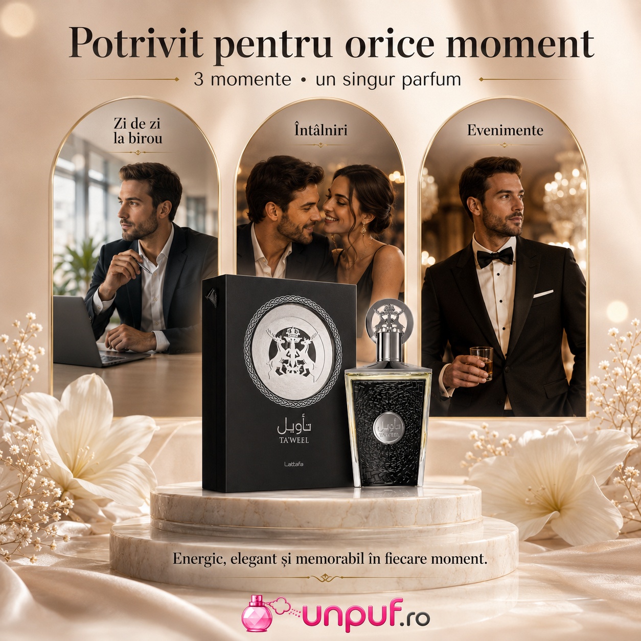 Lattafa Taweel parfum potrivit pentru zi de zi la birou, &icirc;nt&acirc;lniri și evenimente, energic elegant și memorabil