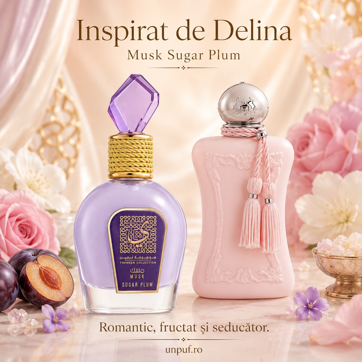 Lattafa Thameen Sugar Plum inspirat de Delina parfum romantic fructat și seducător